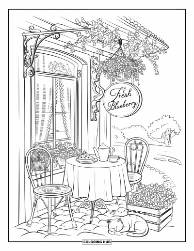Blaubeeren-Ausmalbild für Erwachsene: Ein malerisches Land-Café mit hängenden Blumenkörben und einem einladenden Bistrotisch im Freien