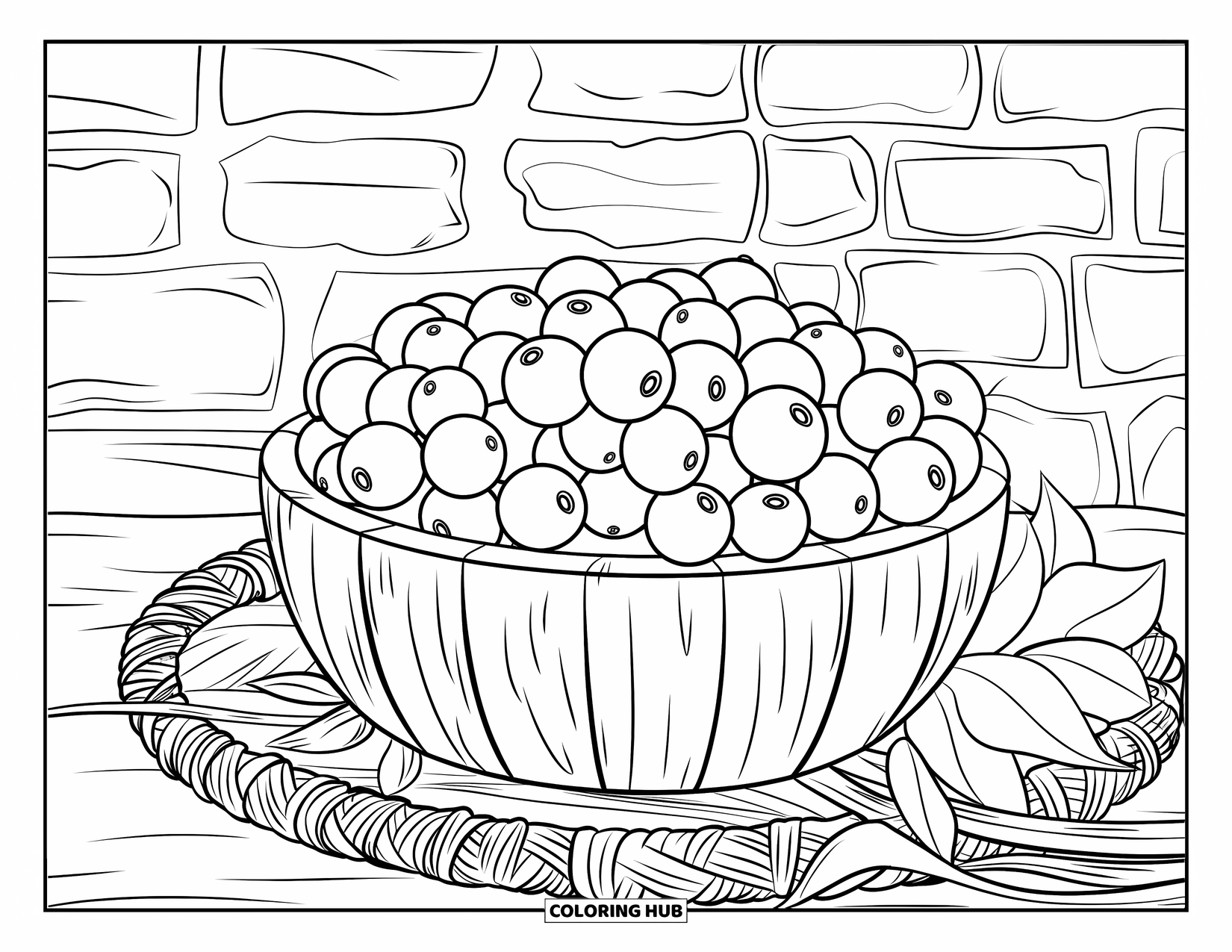 Blueberry Coloring Page for Adults: A rustic wooden bowl filled with blueberries sits atop a woven basket with leafy twigs