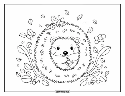Blaubeeren-Ausmalbild für Erwachsene: Ein schläfriger Igel macht ein ruhiges Nickerchen in einem Blaubeerstrauch, während Blätter herabfallen