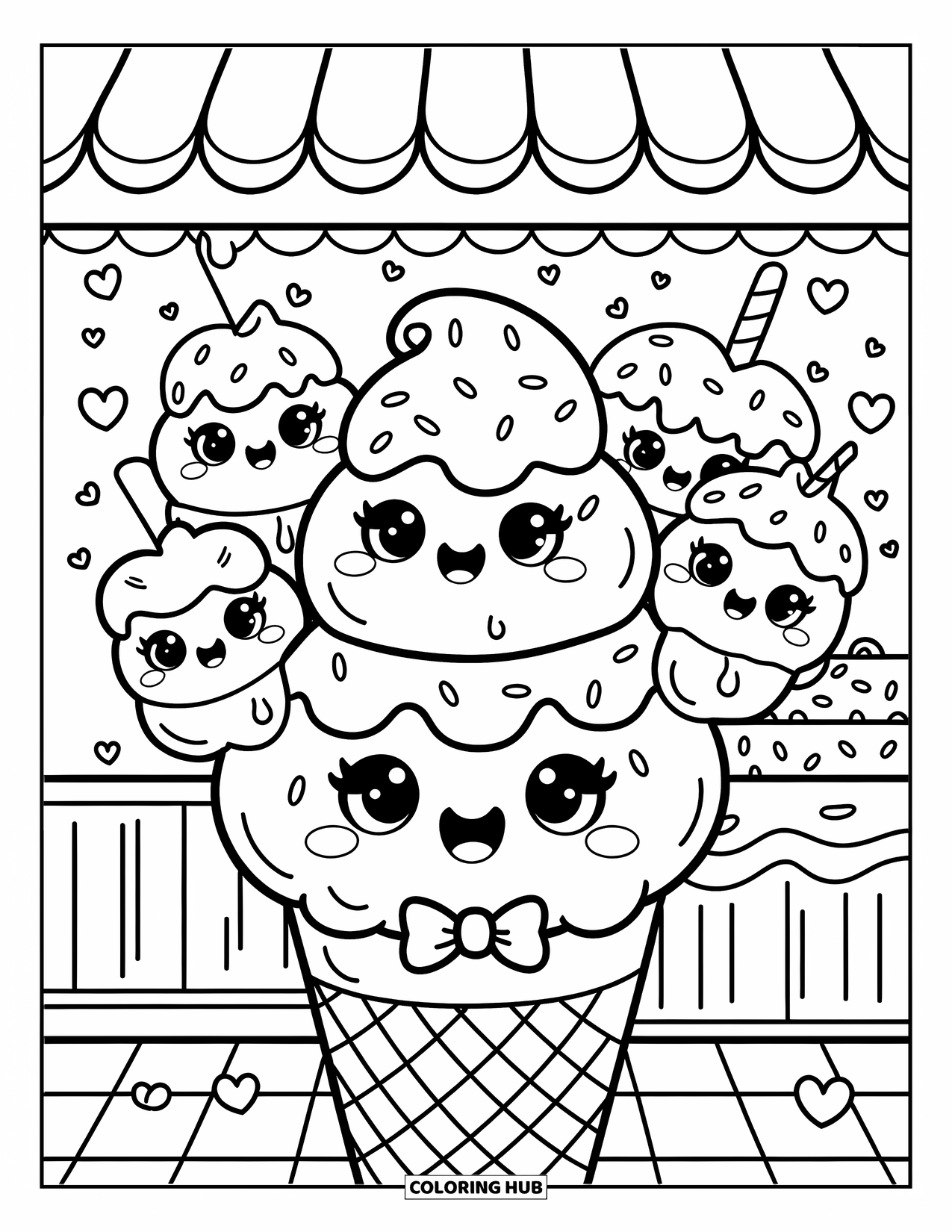 Blueberry Coloring Page for Adults: A smiling blueberry ice cream cone sits in a cute dessert shop with tiny decorations