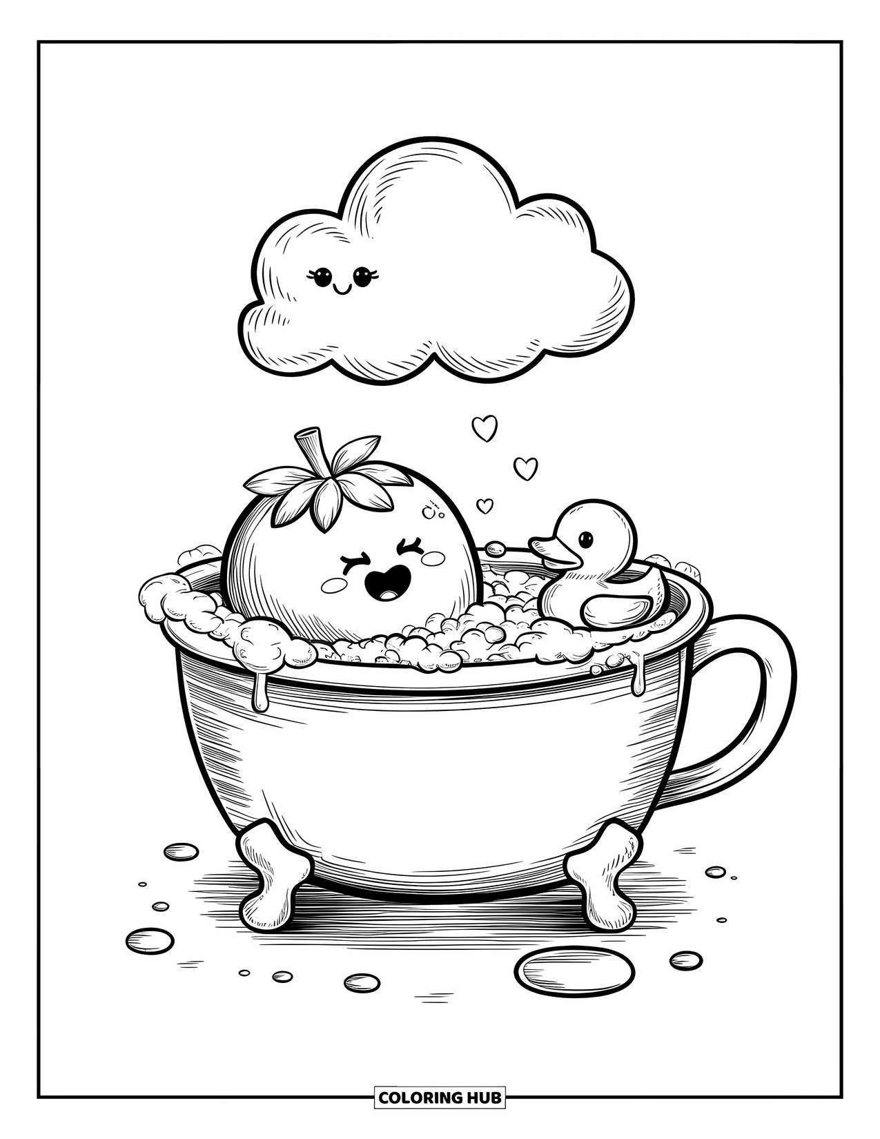 Blueberry Coloring Page for Adults: A tiny blueberry enjoys a cozy bubble bath in a giant teacup