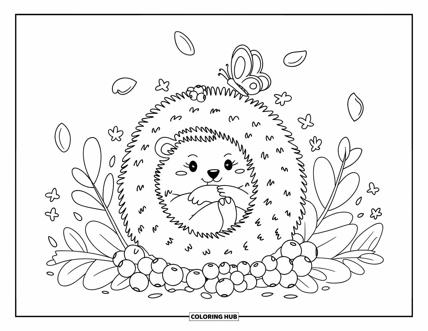 Blueberry Coloring Page for Adults: A tiny hedgehog snuggles among blueberries, crowned with berries and surrounded by petals