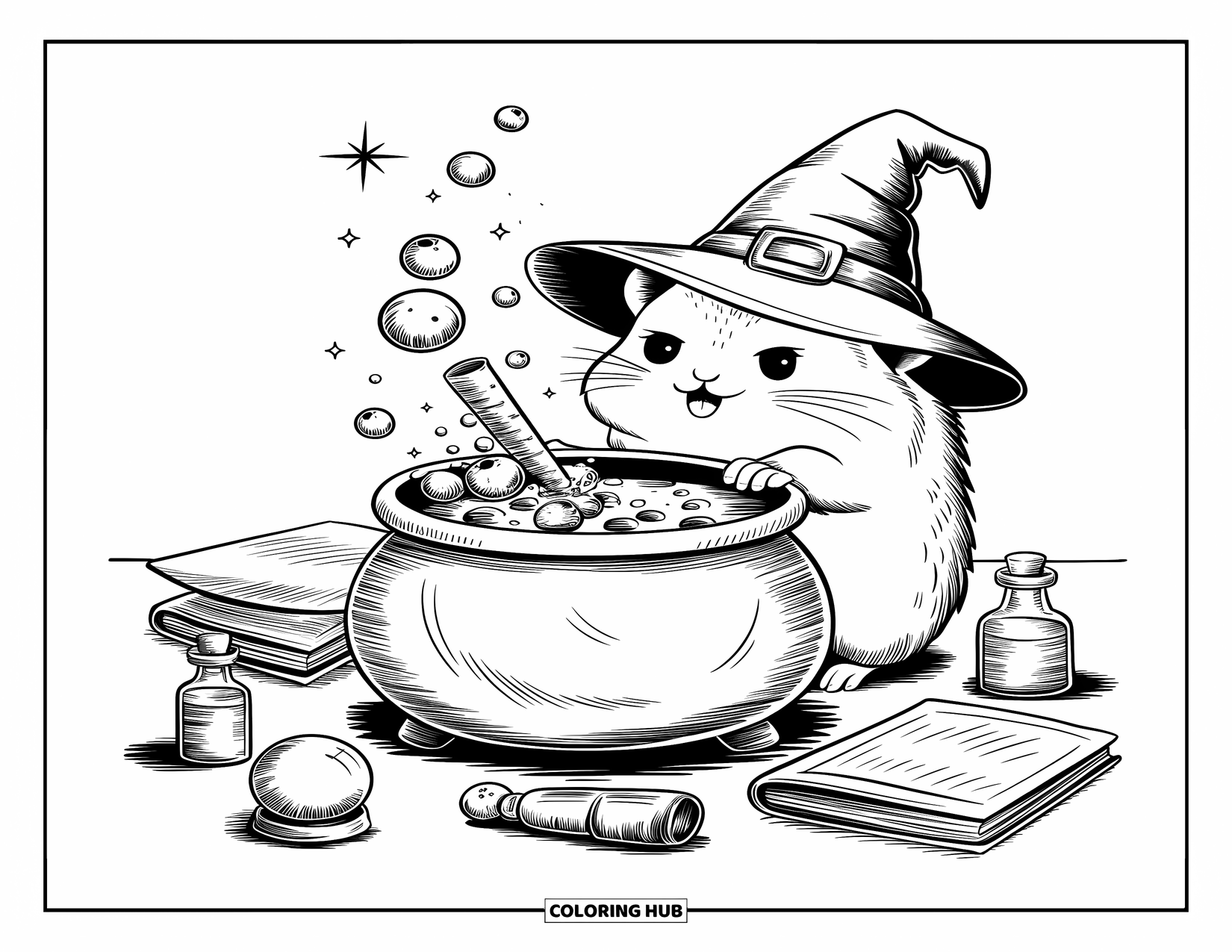 Blueberry Coloring Page for Adults: A tiny witchy hamster stirs a bubbling blueberry potion in a magical cauldron