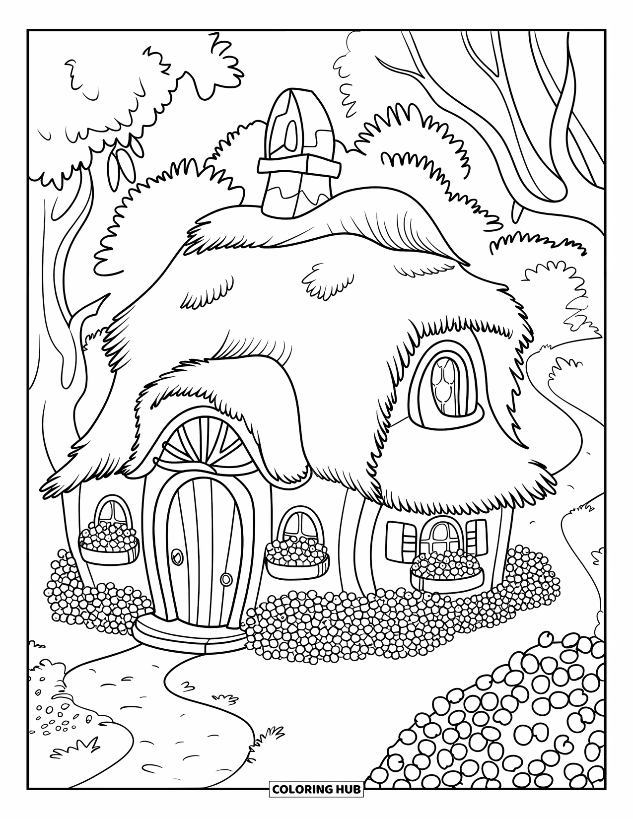 Blueberry Coloring Page for Adults: A whimsical fairy tale cottage nestled among lush blueberry bushes