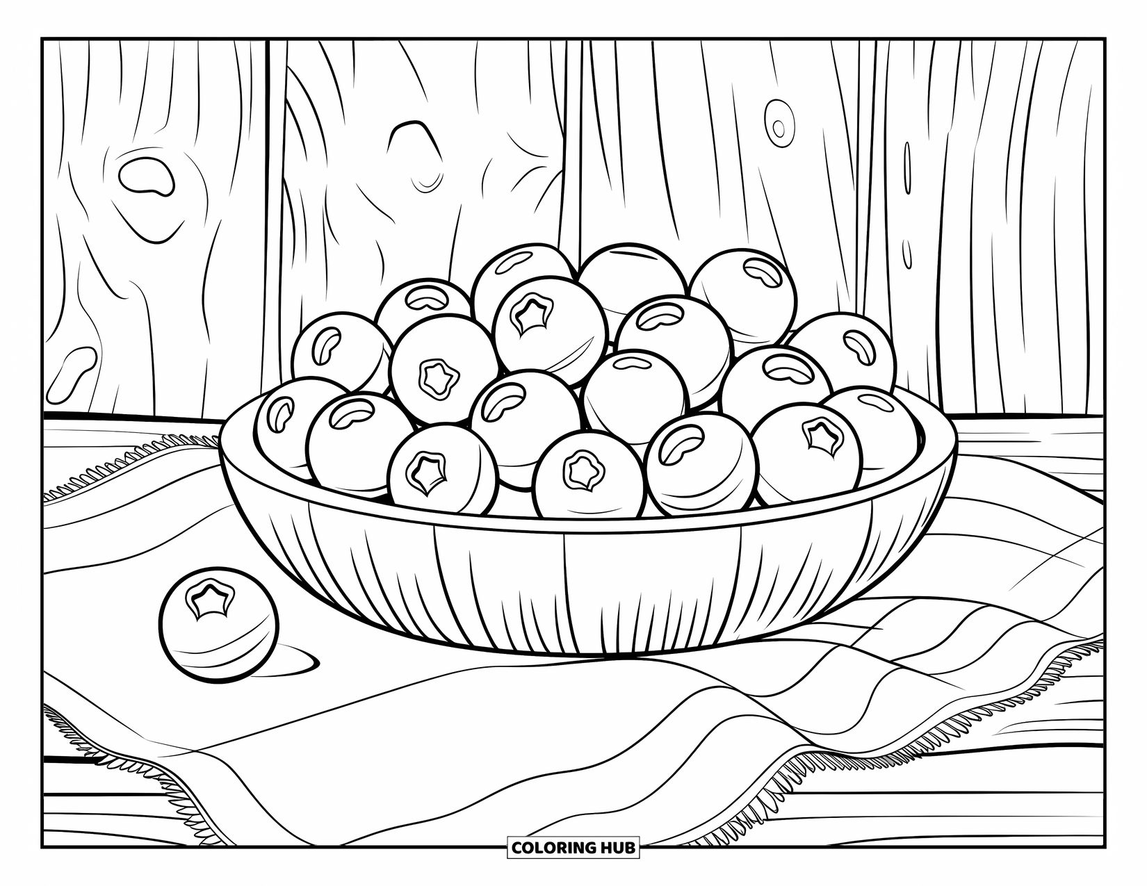 Blueberry Coloring Page for Adults: A woven basket holds a wooden bowl of blueberries against a textured brick backdrop