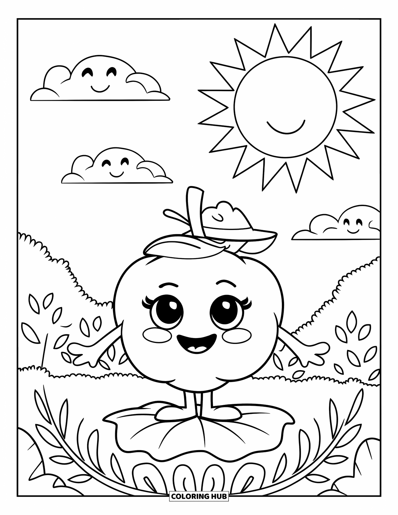 Blueberry Coloring Page for Kids: A beaming blueberry in a tiny hat enjoys the warm sunlight on a clear day