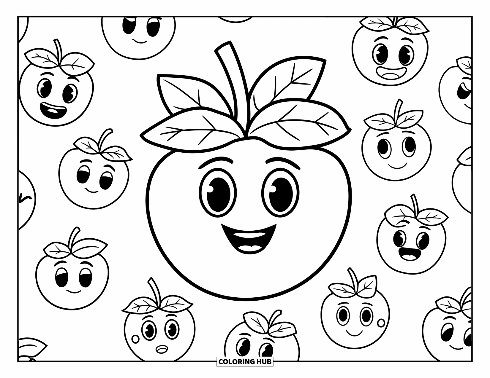 Blueberry Coloring Page for Kids: A big blueberry with a button nose smiles as smaller blueberries surround it
