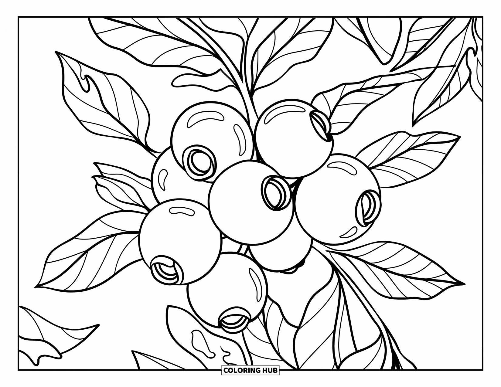 Blueberry Coloring Page for Kids: A bowl filled with ripe blueberries sits alongside intricately detailed leaves