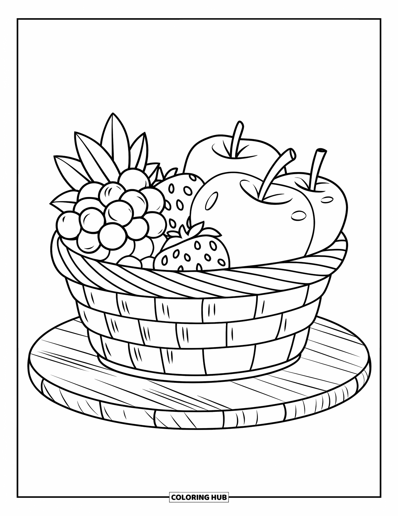 Blueberry Coloring Page for Kids: A charming fruit basket holds a variety of berries and apples, waiting to be picked