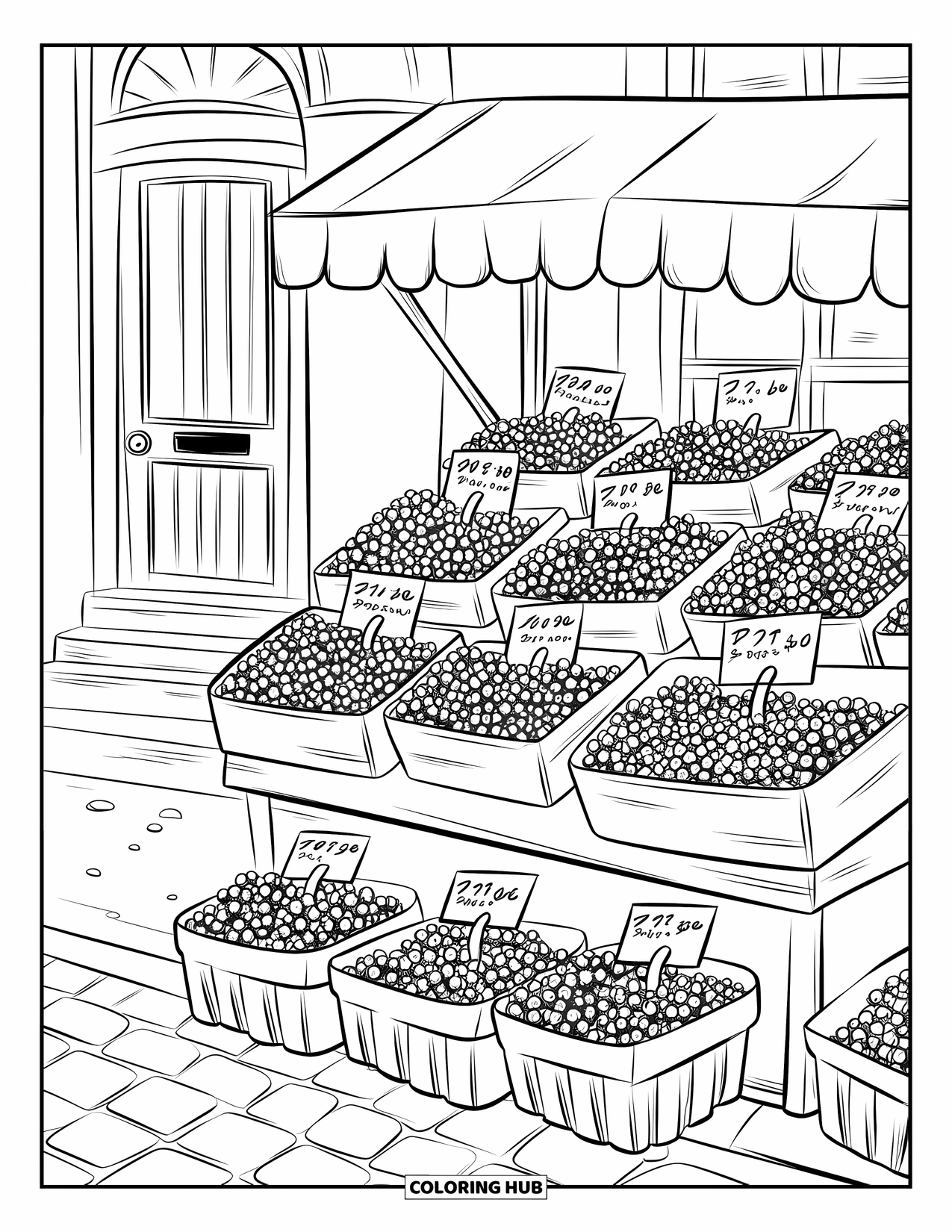 Blueberry Coloring Page for Kids: A charming market stand displays baskets of fresh blueberries and handwritten price tags
