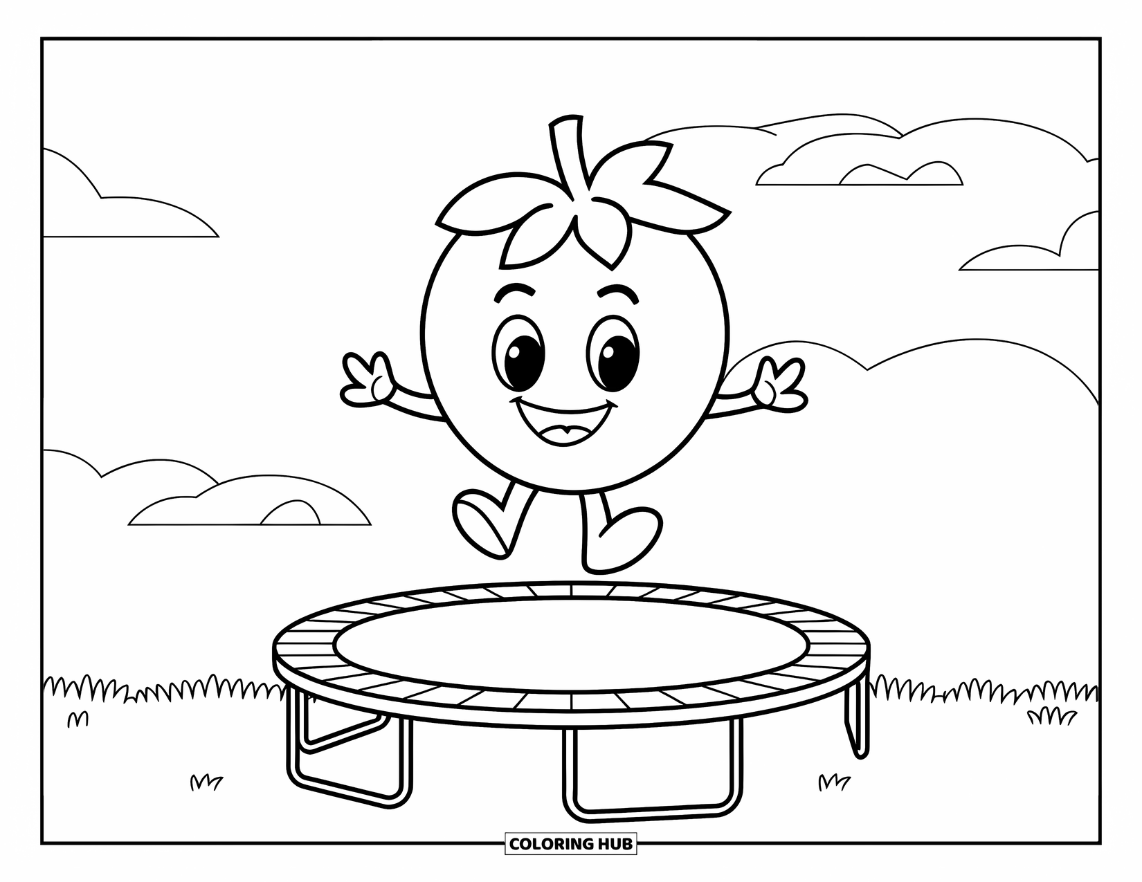 Blueberry Coloring Page for Kids: A cheerful blueberry bounces on a trampoline, grinning wide in mid-air