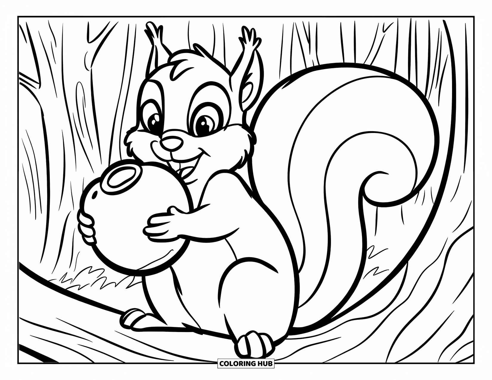 Blueberry Coloring Page for Kids: A cheerful squirrel clutches a giant blueberry while perched on a tree branch