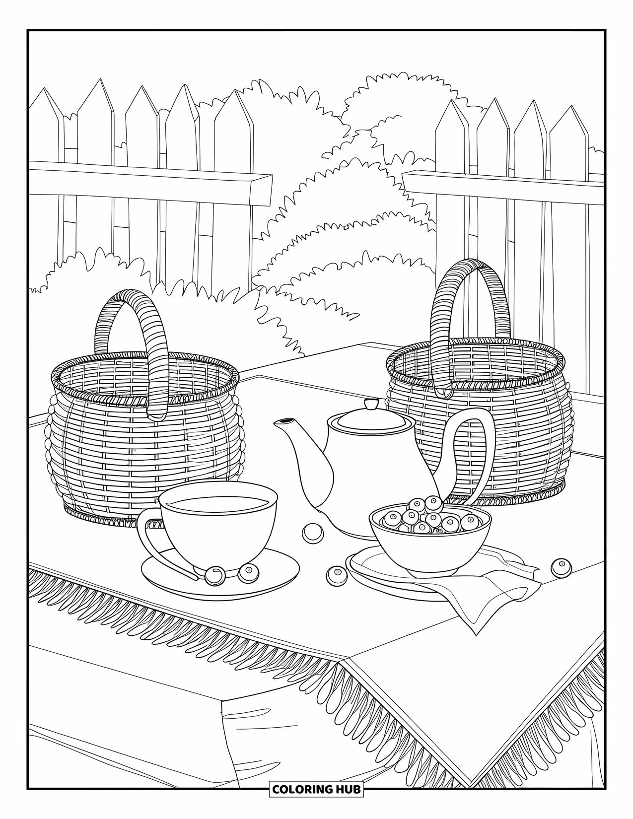 Blueberry Coloring Page for Kids: A countryside picnic spread includes tea, fresh blueberries, and charming woven baskets