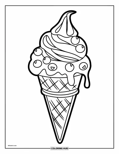 Blaubeeren-Ausmalbild für Kinder: Eine cremige Blaubeeren-Eiswaffel, an deren Rändern kleine Tropfen herunterlaufen