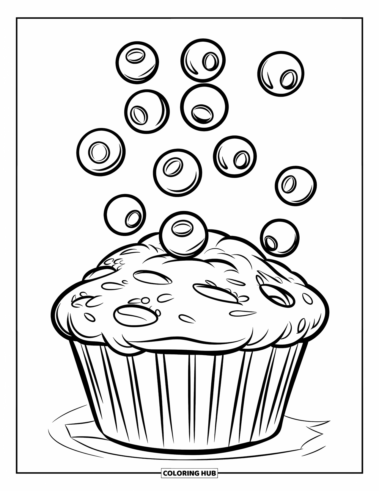 Blueberry Coloring Page for Kids: A fluffy blueberry muffin with berries tumbling down lands on a cozy plate