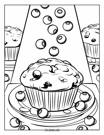 Blaubeeren-Ausmalbild für Kinder: Ein frisch gebackener Muffin quillt über vor dicken Blaubeeren, während weitere von oben herabfallen