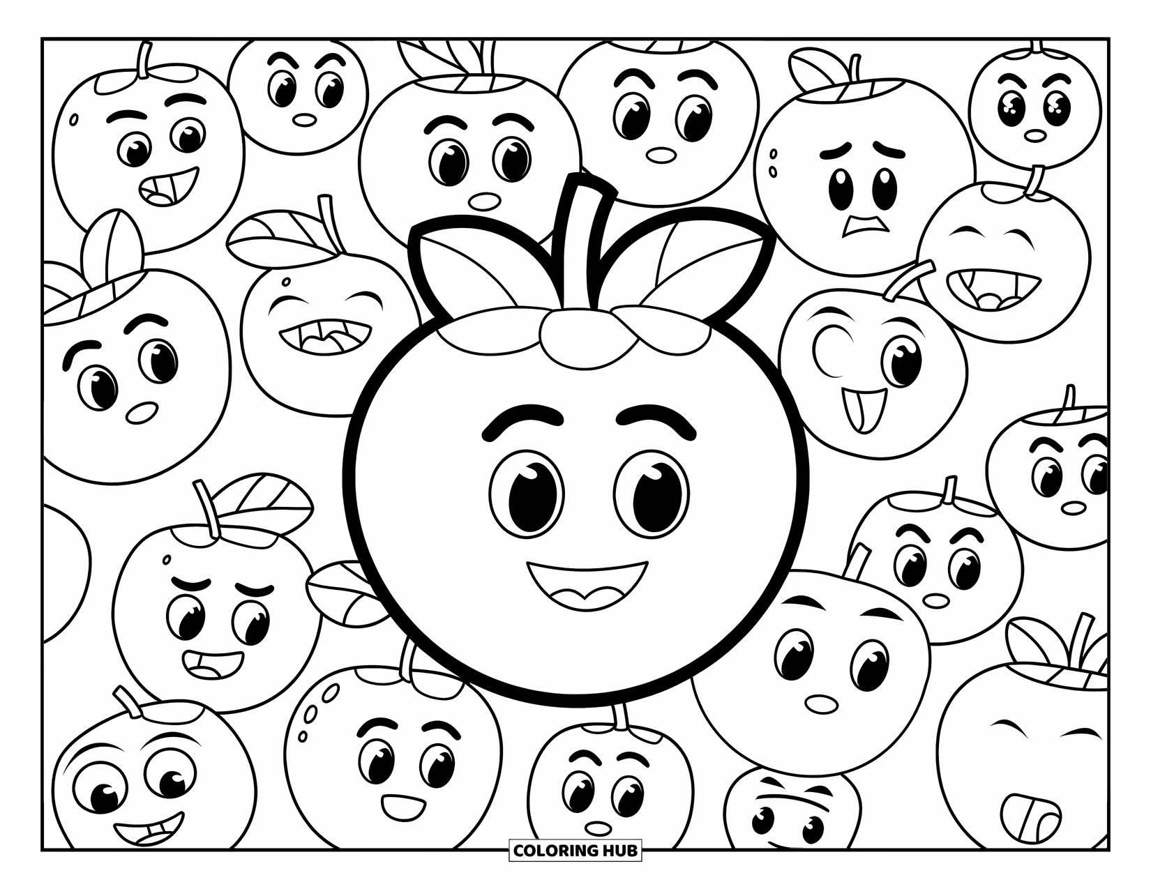 Blueberry Coloring Page for Kids: A friendly blueberry stands among smaller blueberries, each with its own unique expression