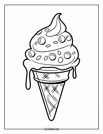 Blaubeeren-Ausmalbild für Kinder: Eine verspielte, gedrehte Blaubeeren-Eiswaffel mit tollen Strukturen und liebevollen Details
