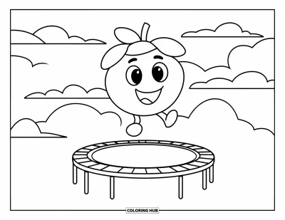 Blaubeeren-Ausmalbild für Kinder: Eine kichernde Blaubeere springt auf einem Trampolin und hat unter freiem Himmel riesigen Spaß