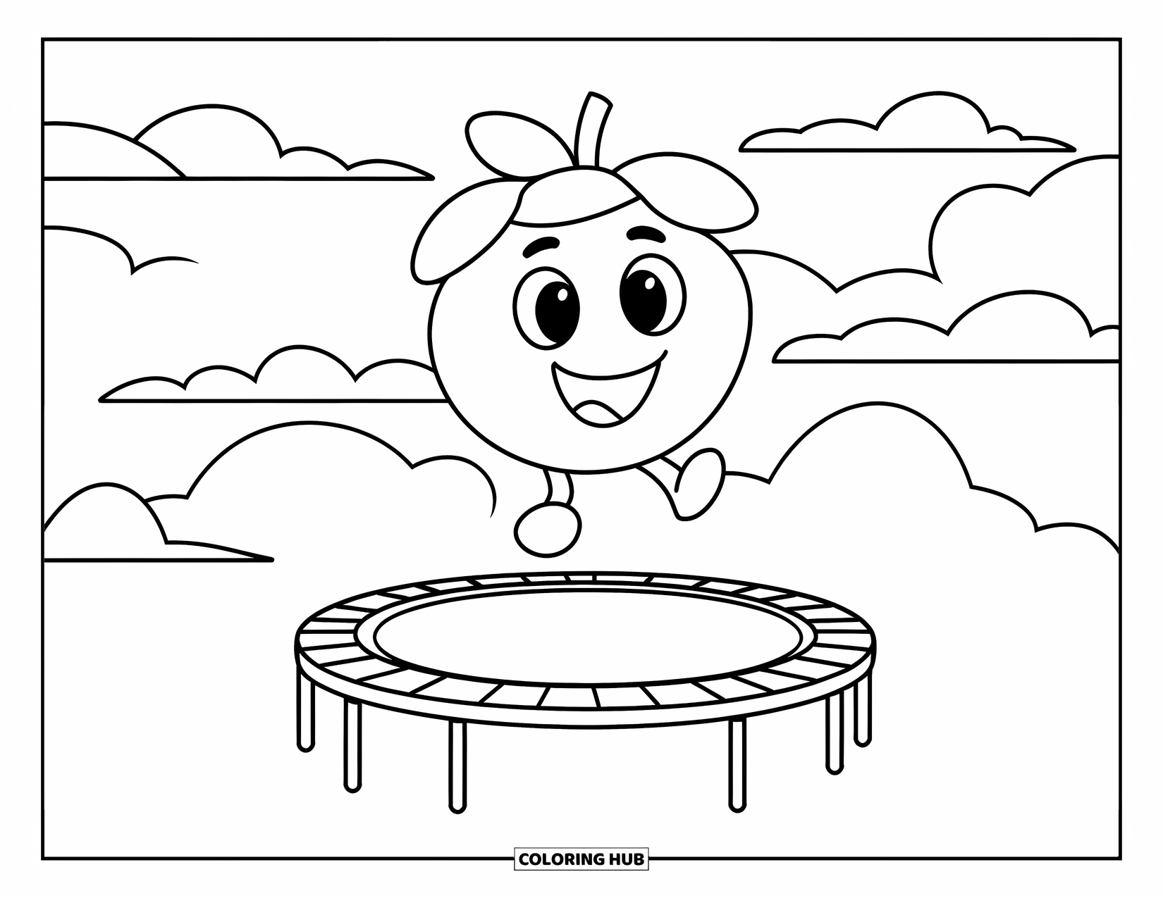 Blueberry Coloring Page for Kids: A giggling blueberry leaps on a trampoline, having a blast in the open air