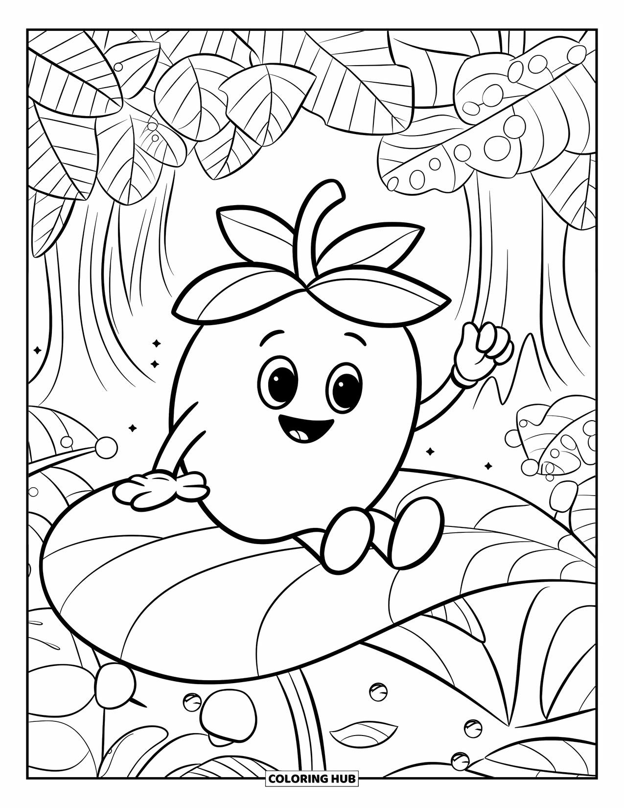 Blueberry Coloring Page for Kids: A joyful blueberry raises one hand in an enthusiastic greeting
