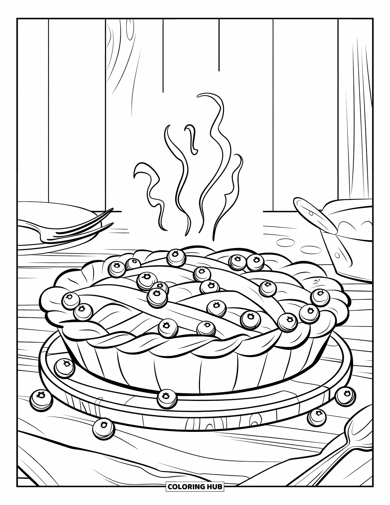 Blueberry Coloring Page for Kids: A lattice-topped blueberry pie cools on a wooden table, bursting with sweet filling