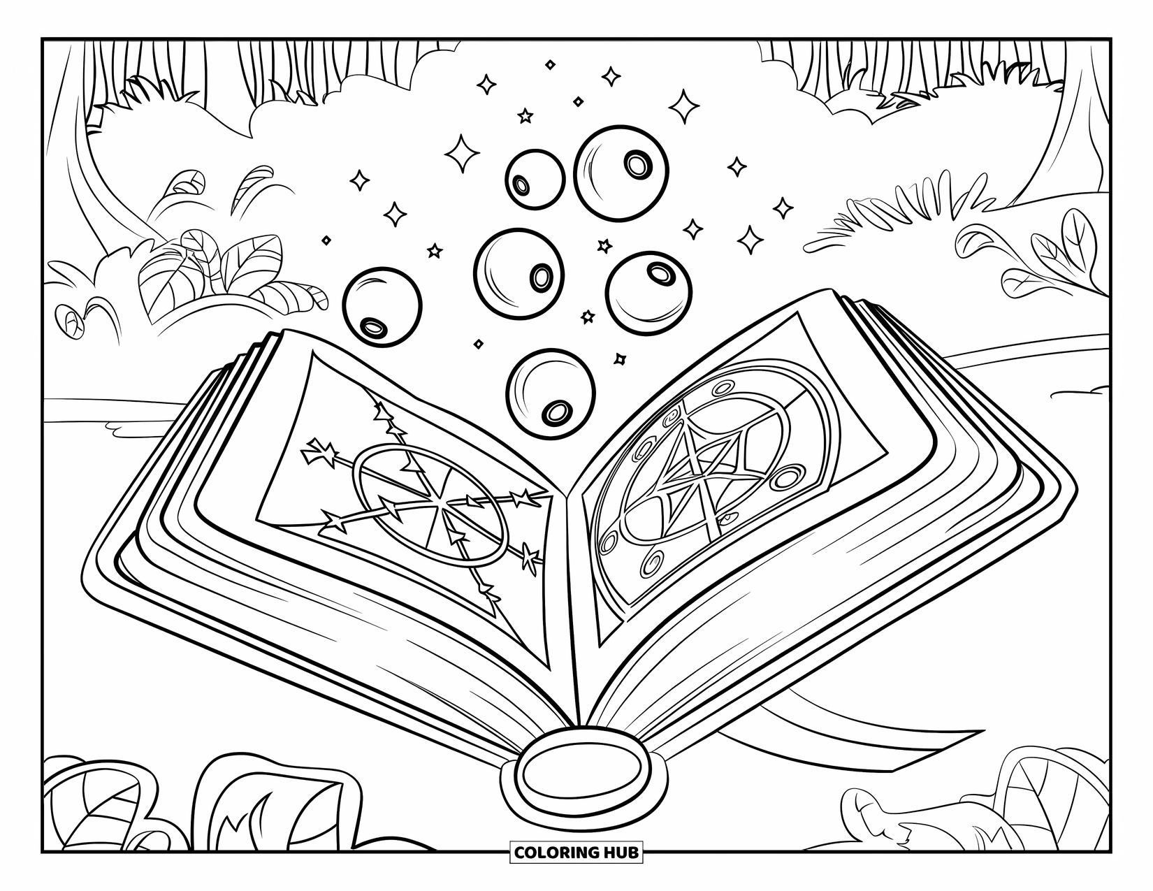 Blueberry Coloring Page for Kids: A mystical spellbook with floating blueberries radiates enchantment in a forest clearing