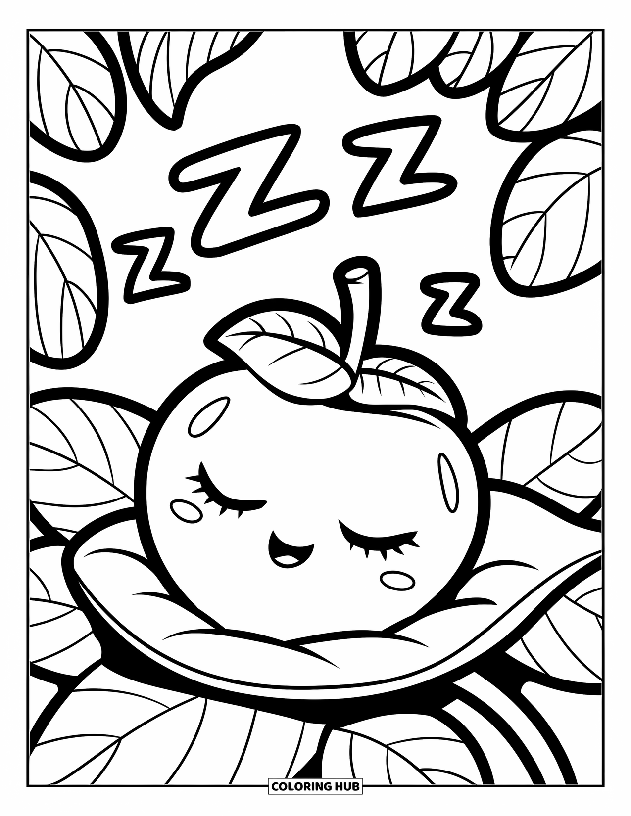 Blueberry Coloring Page for Kids: A resting blueberry snuggles into a soft leaf, drifting into a gentle sleep