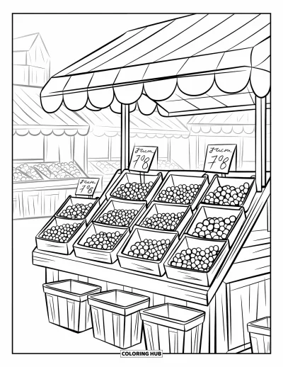 Blaubeeren-Ausmalbild für Kinder: Ein nostalgischer Blaubeeren-Stand steht in einer Kopfsteinpflasterstraße und lädt zum Stöbern ein