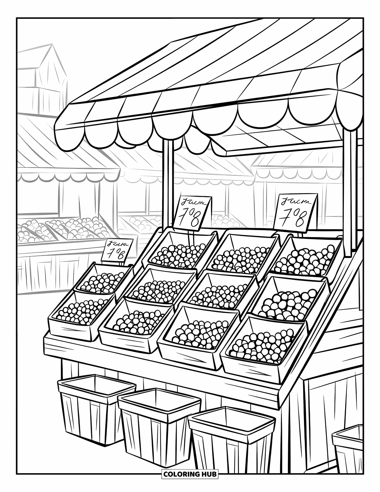 Blueberry Coloring Page for Kids: A vintage blueberry stand sits on a cobblestone street, inviting visitors to browse