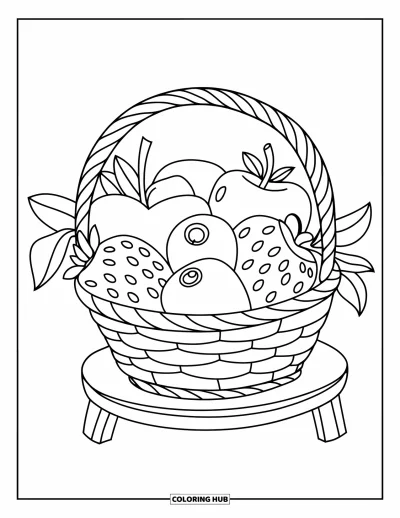 Blaubeeren-Ausmalbild für Kinder: Ein geflochtener Obstkorb steht auf einem Holztisch und ist randvoll mit frischen Beeren
