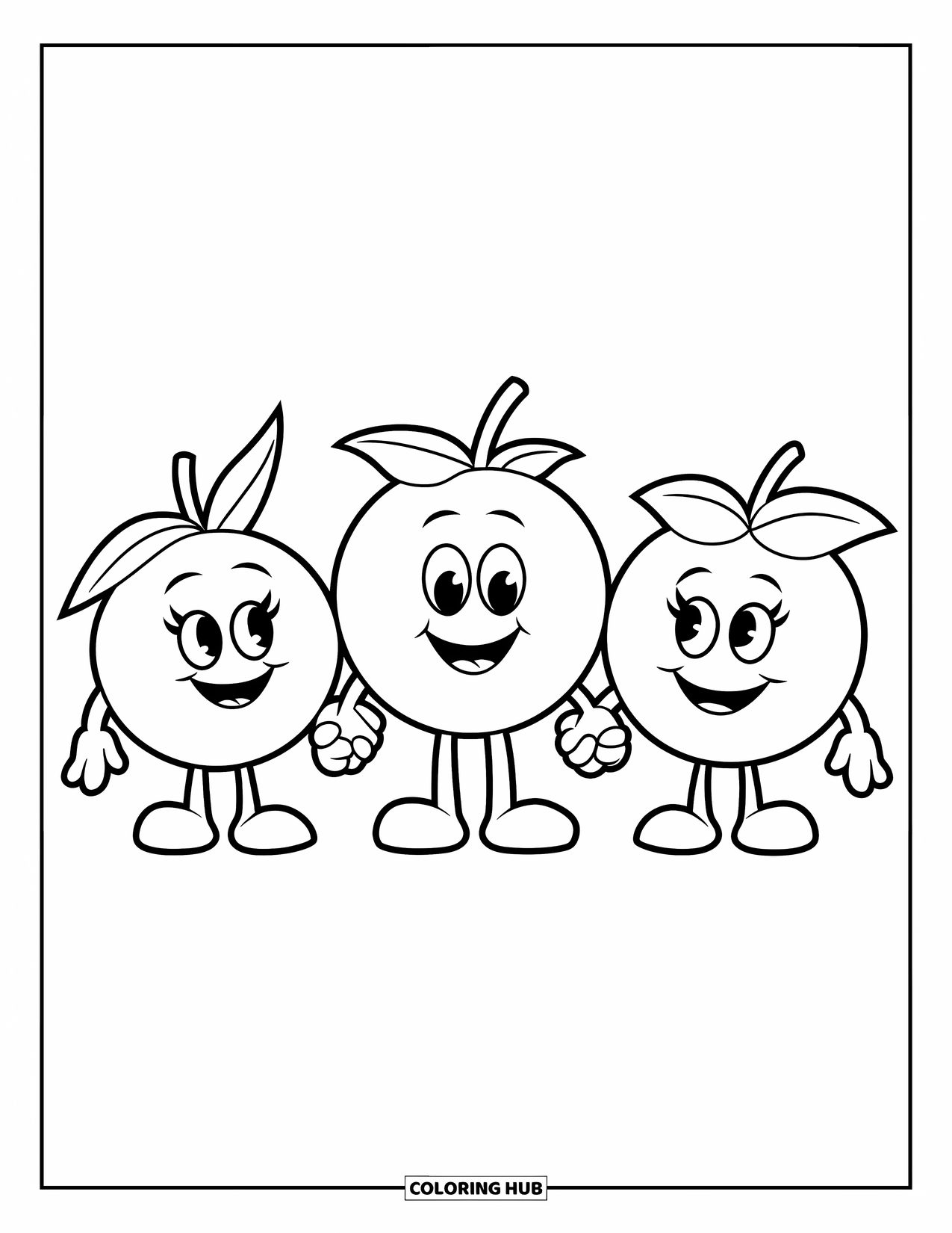 Blueberry Coloring Page for Kids: Three smiling blueberries hold hands, spreading happiness in a playful and cheerful scene