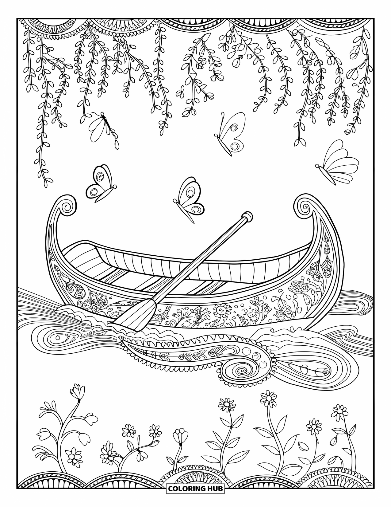 Boat Coloring Page for Adults: A beautifully patterned rowboat glides on flowing water, surrounded by delicate nature elements