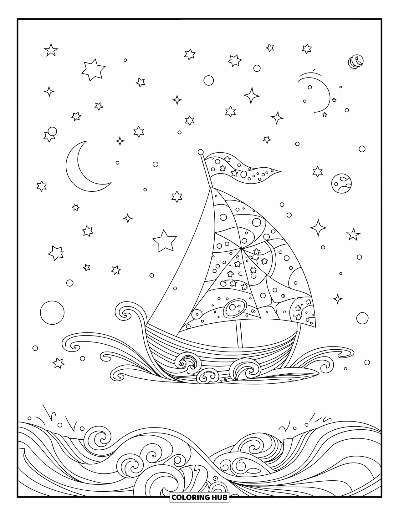 Boat Coloring Page for Adults: A celestial ship glides through cosmic waves, surrounded by glowing stars and planets