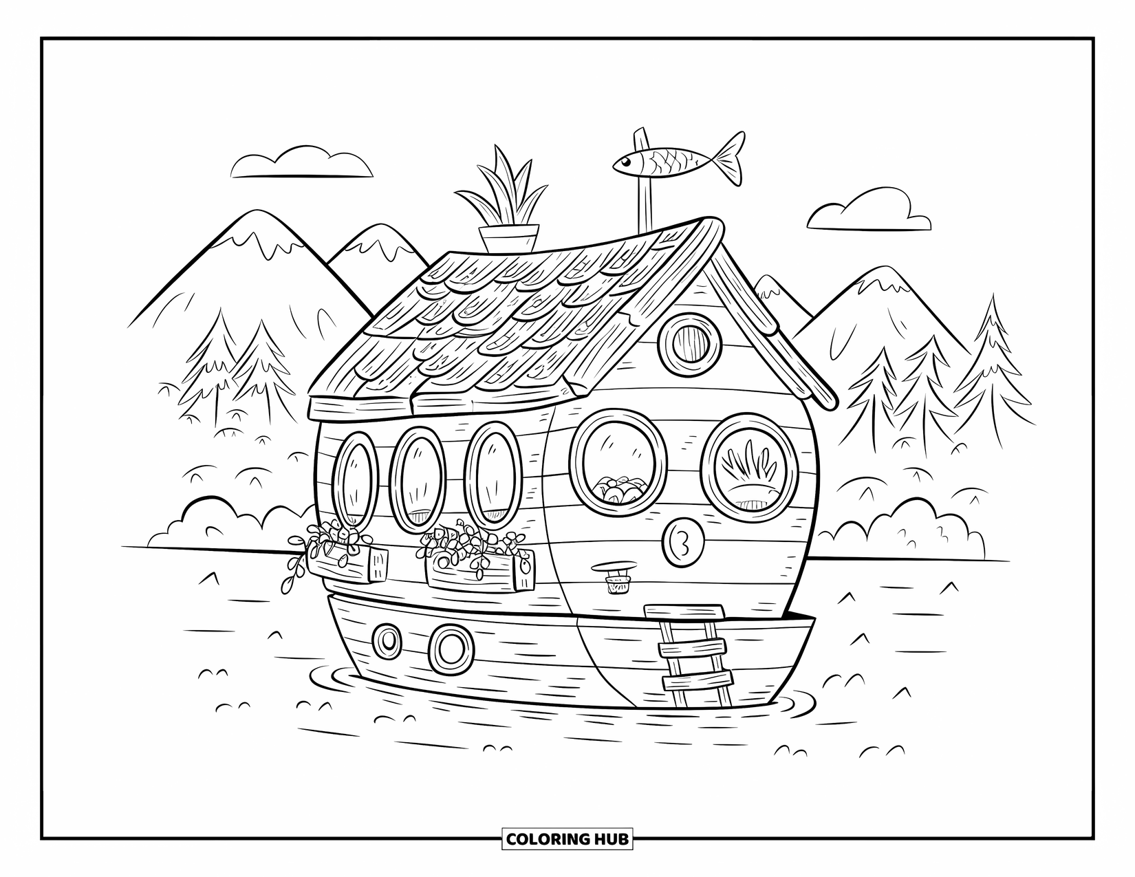 Boat Coloring Page for Adults: A charming houseboat with round windows, a tiny flower box, and hanging plants gently floating on the water