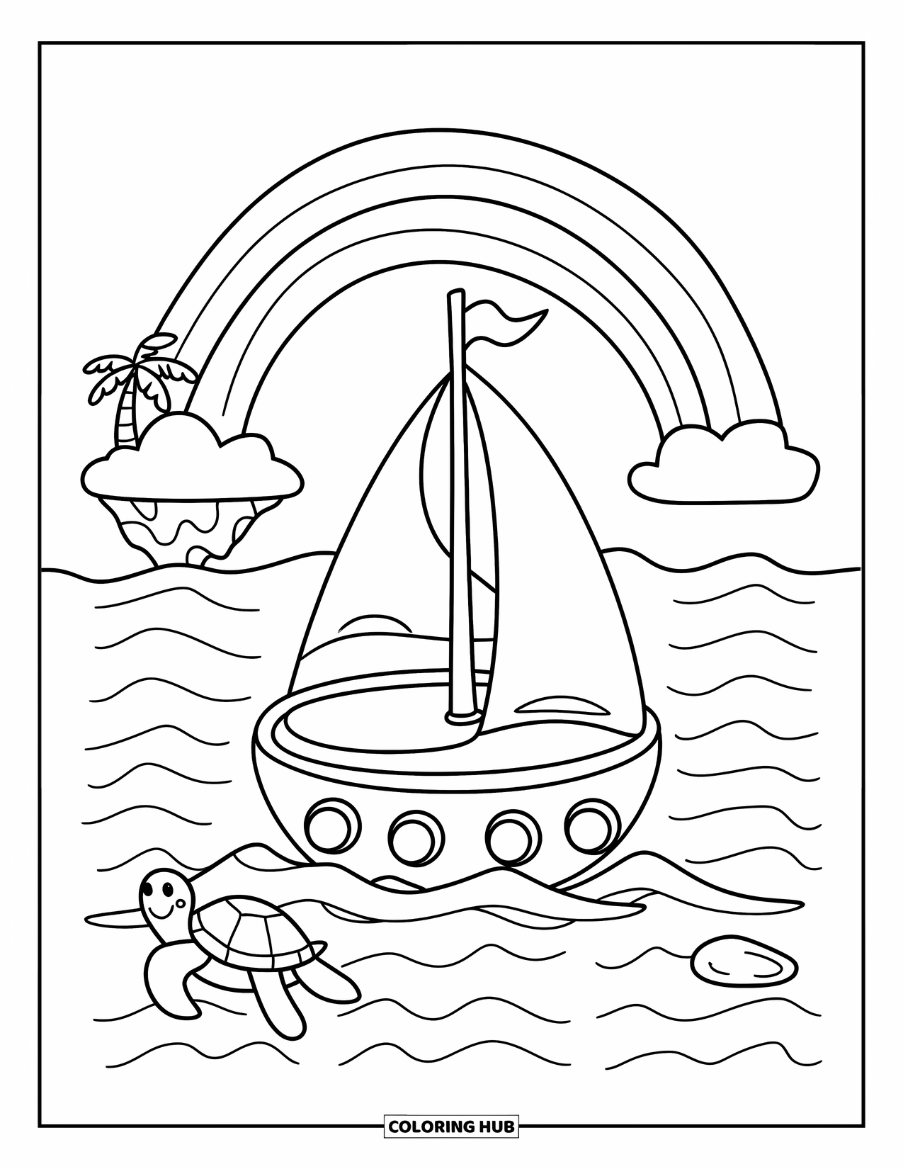 Boat Coloring Page for Adults: A cheerful boat sails under a glowing rainbow, while a small turtle playfully swims in the surrounding waves
