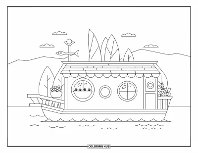 Boot-Ausmalbild für Erwachsene: Ein gemütliches Hausboot mit Holzleiter zum Dachgarten, komplett mit Wetterfahne in Fischform