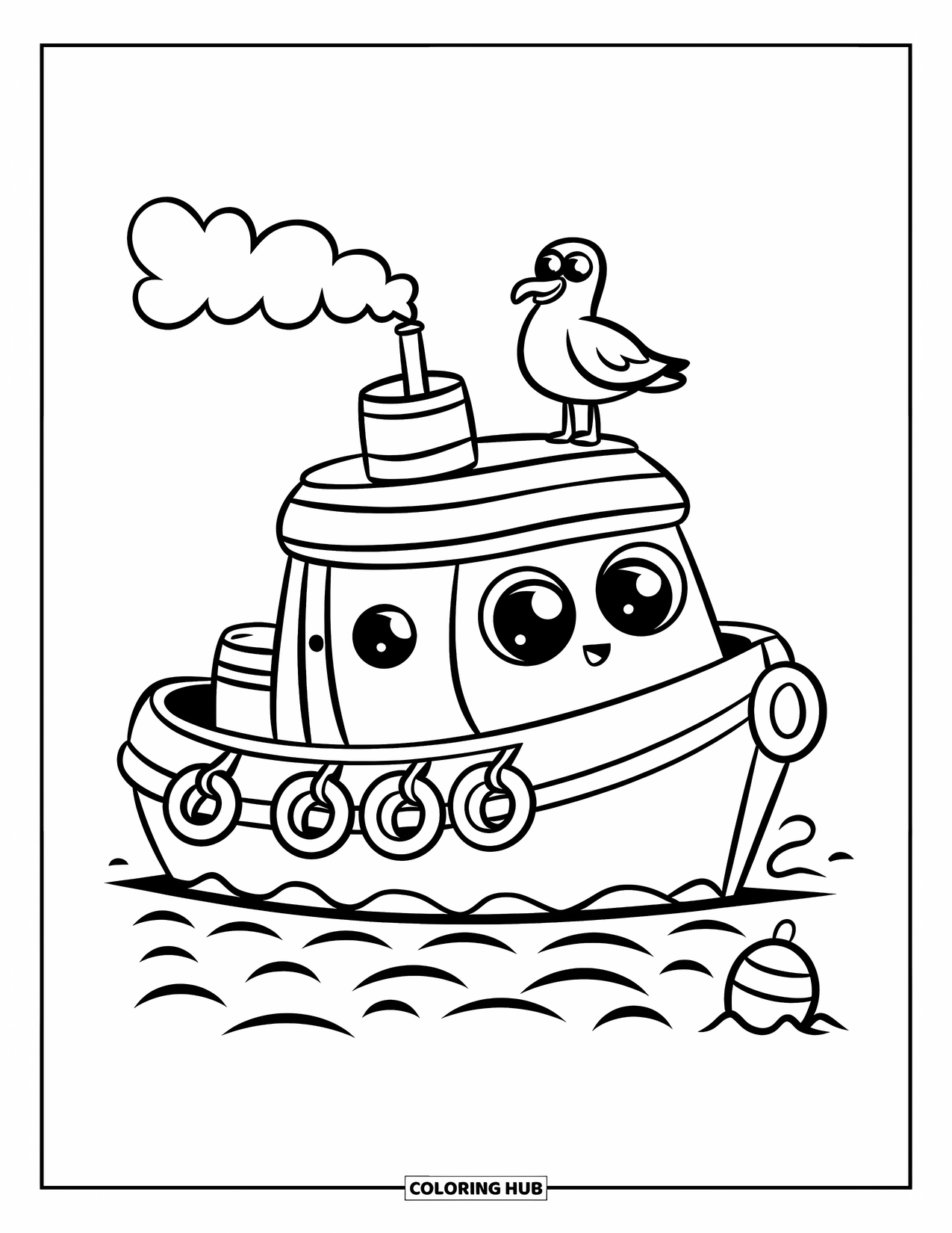 Boat Coloring Page for Adults: A cute and happy tugboat chugs along, puffing smoke as it sails through gentle waves, with a buoy floating nearby