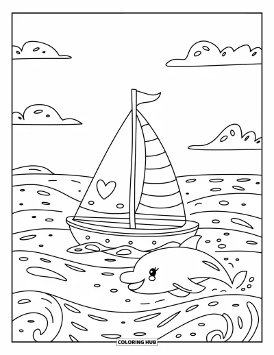 Boot-Ausmalbild für Erwachsene: Ein zauberhaftes kleines Segelboot mit gebogenem Segel schaukelt auf den Wellen, während ein fröhlicher Delfin daneben springt