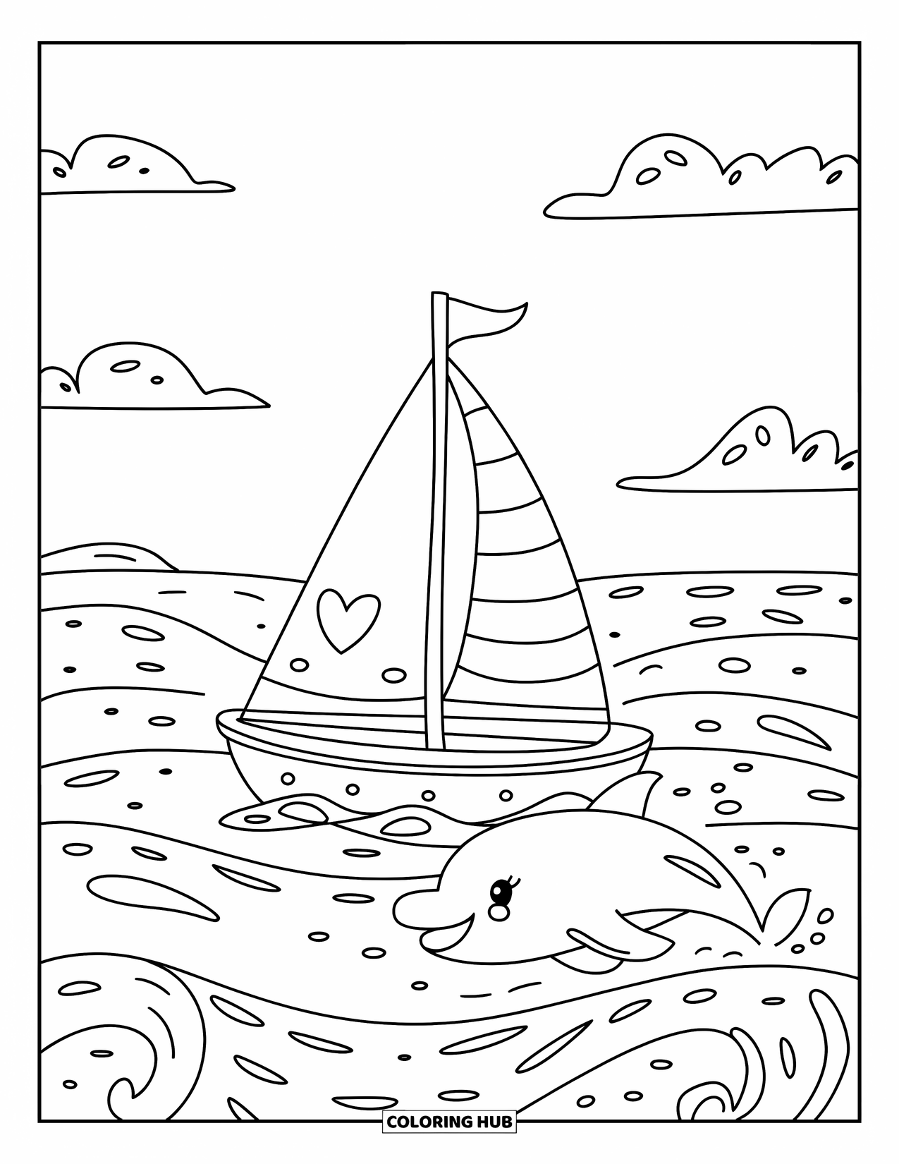 Boat Coloring Page for Adults: A delightful little sailboat with a curved sail bobs on the waves, as a happy dolphin leaps beside it