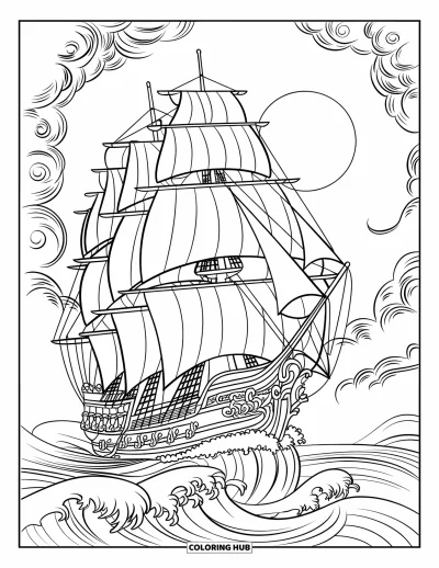 Boot-Ausmalbild für Erwachsene: Ein detailreiches Schiff mit wehenden Segeln gleitet durch wirbelnde Ozeanwellen und wolkigen Himmel