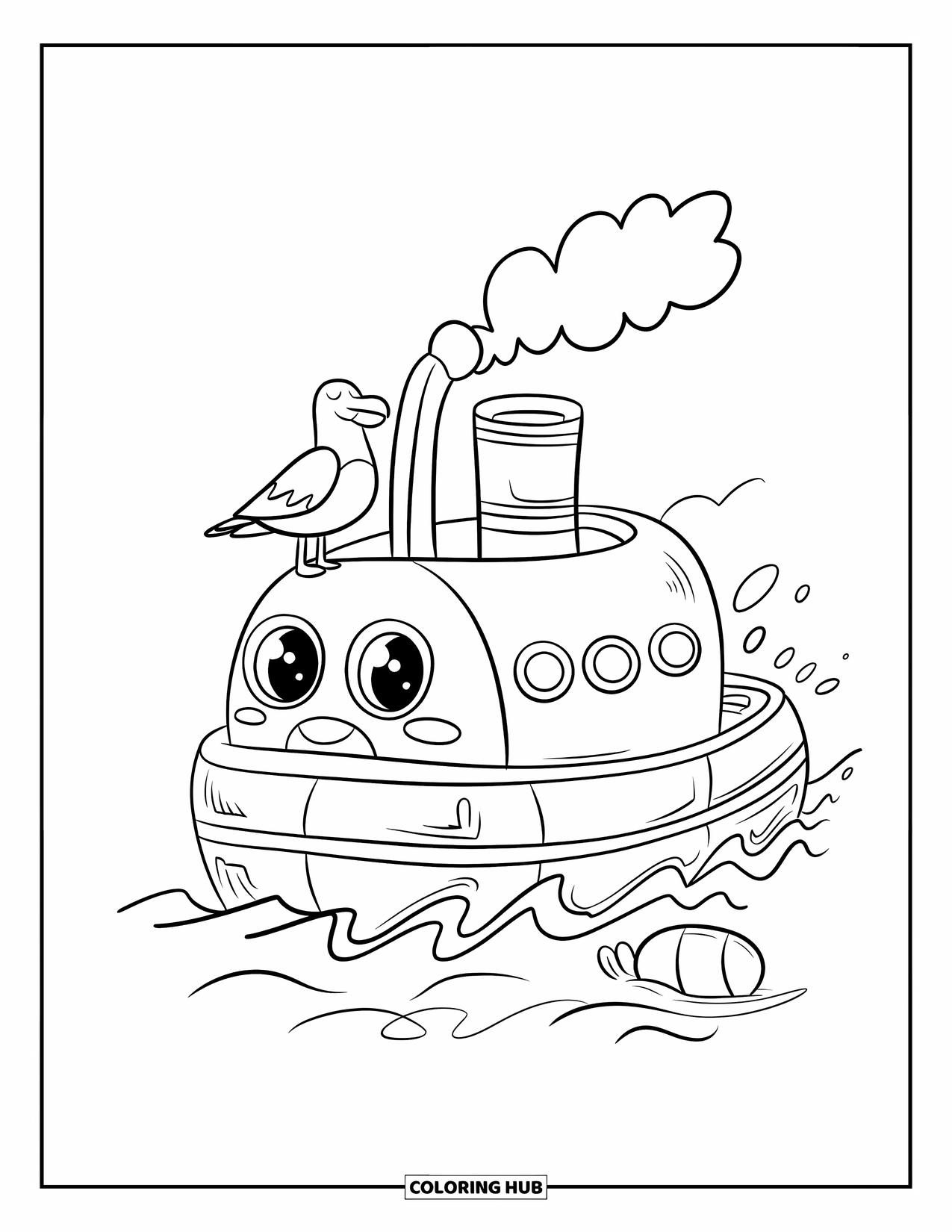 Boat Coloring Page for Adults: A friendly tugboat with a cheerful puff of smoke drifts across gentle waves, with a tiny buoy bobbing nearby