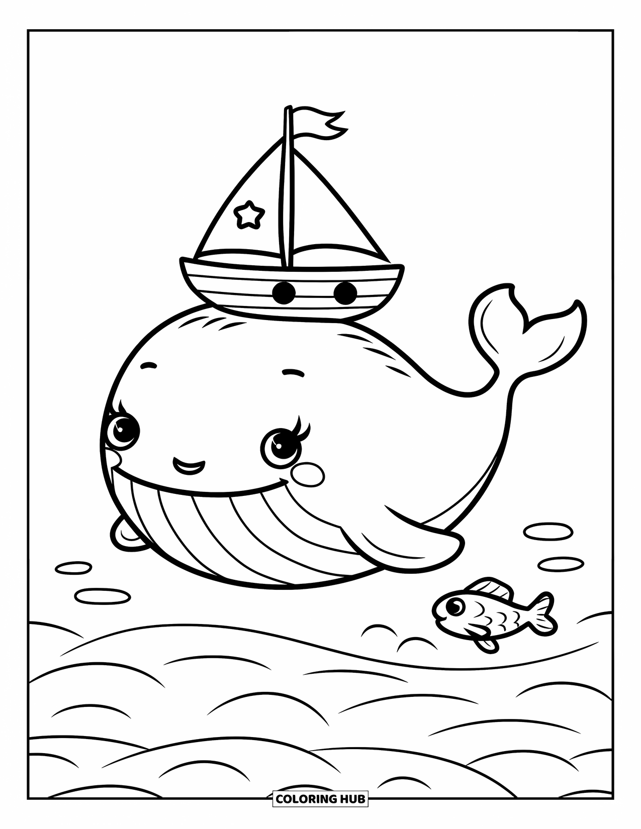 Boat Coloring Page for Adults: A friendly whale with a wide smile glides through the water, supporting a tiny sailboat with a waving flag