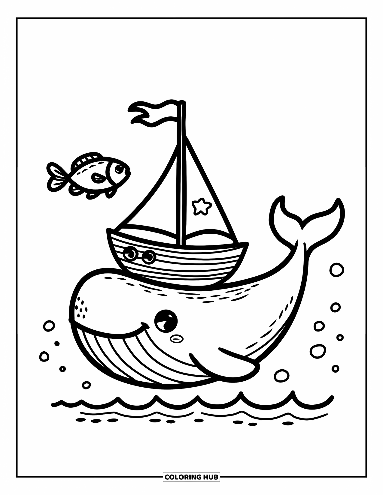 Boat Coloring Page for Adults: A happy whale gently carries a tiny sailboat on its back, while a curious fish watches in wonder