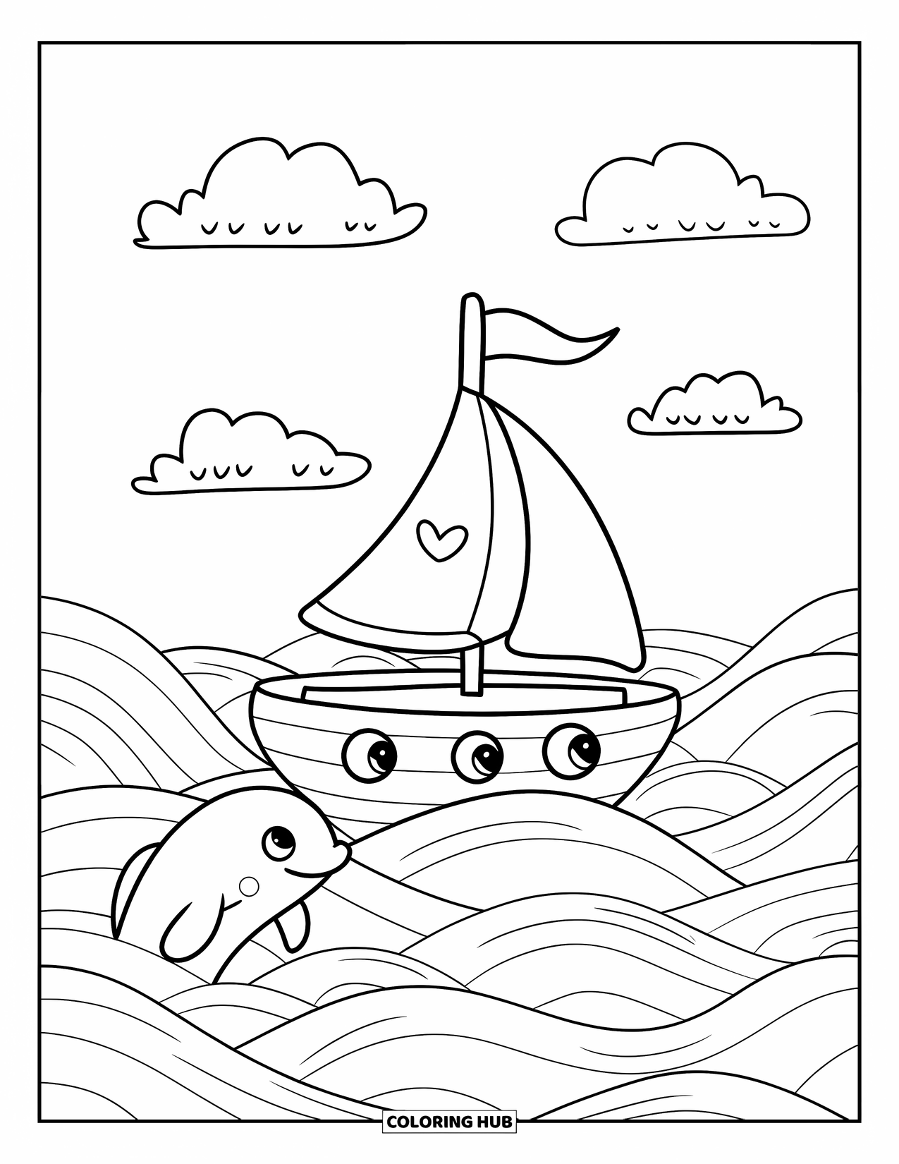 Boat Coloring Page for Adults: A joyful sailboat with a heart-shaped sail rocks gently in the sea, with a smiling dolphin swimming beside it