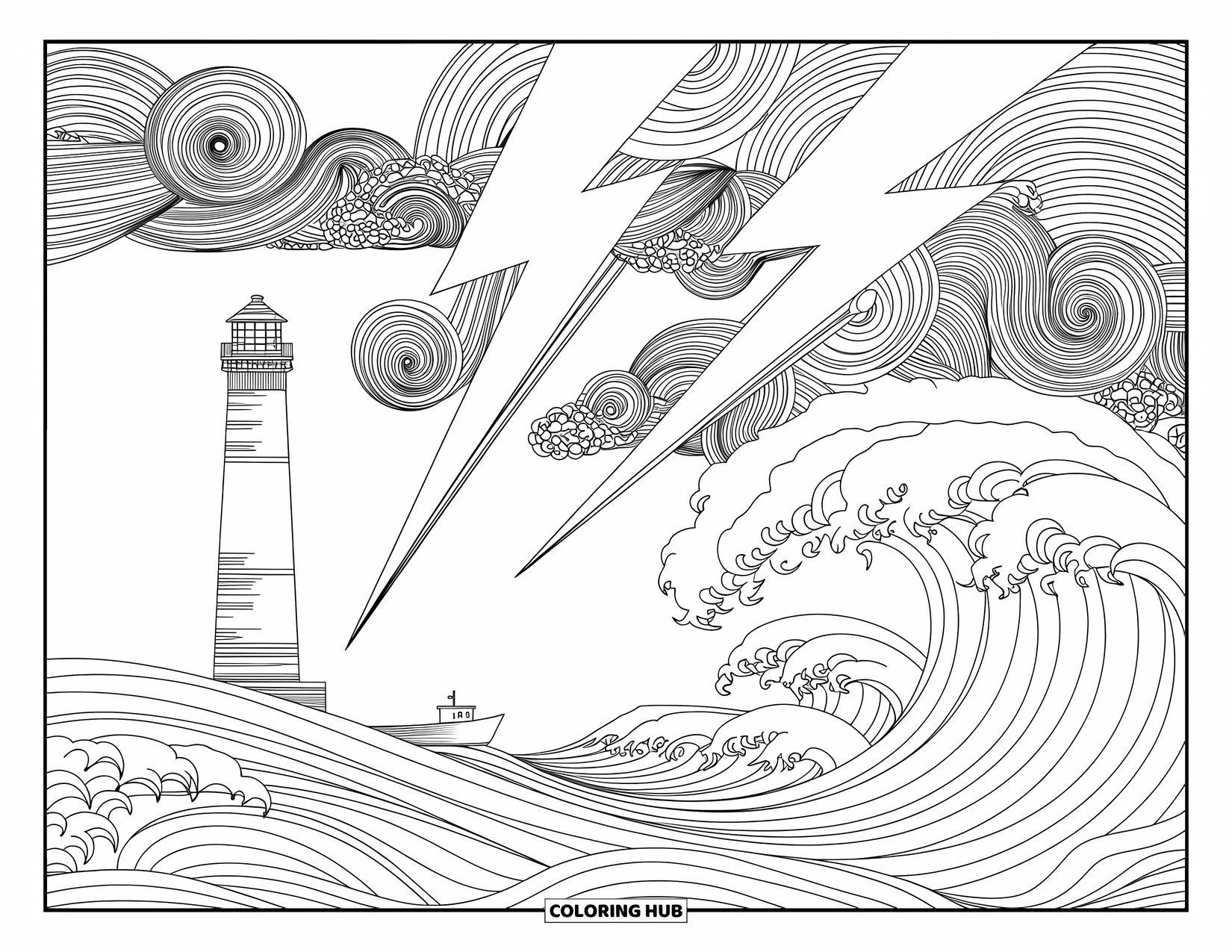 Boat Coloring Page for Adults: A lighthouse braves a storm as a small boat fights through foamy waves below