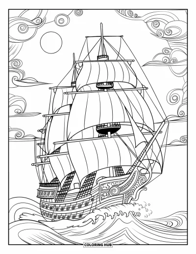 Boot-Ausmalbild für Erwachsene: Ein majestätisches Segelschiff fährt über den Ozean, dahinter leuchtet ein voller Mond