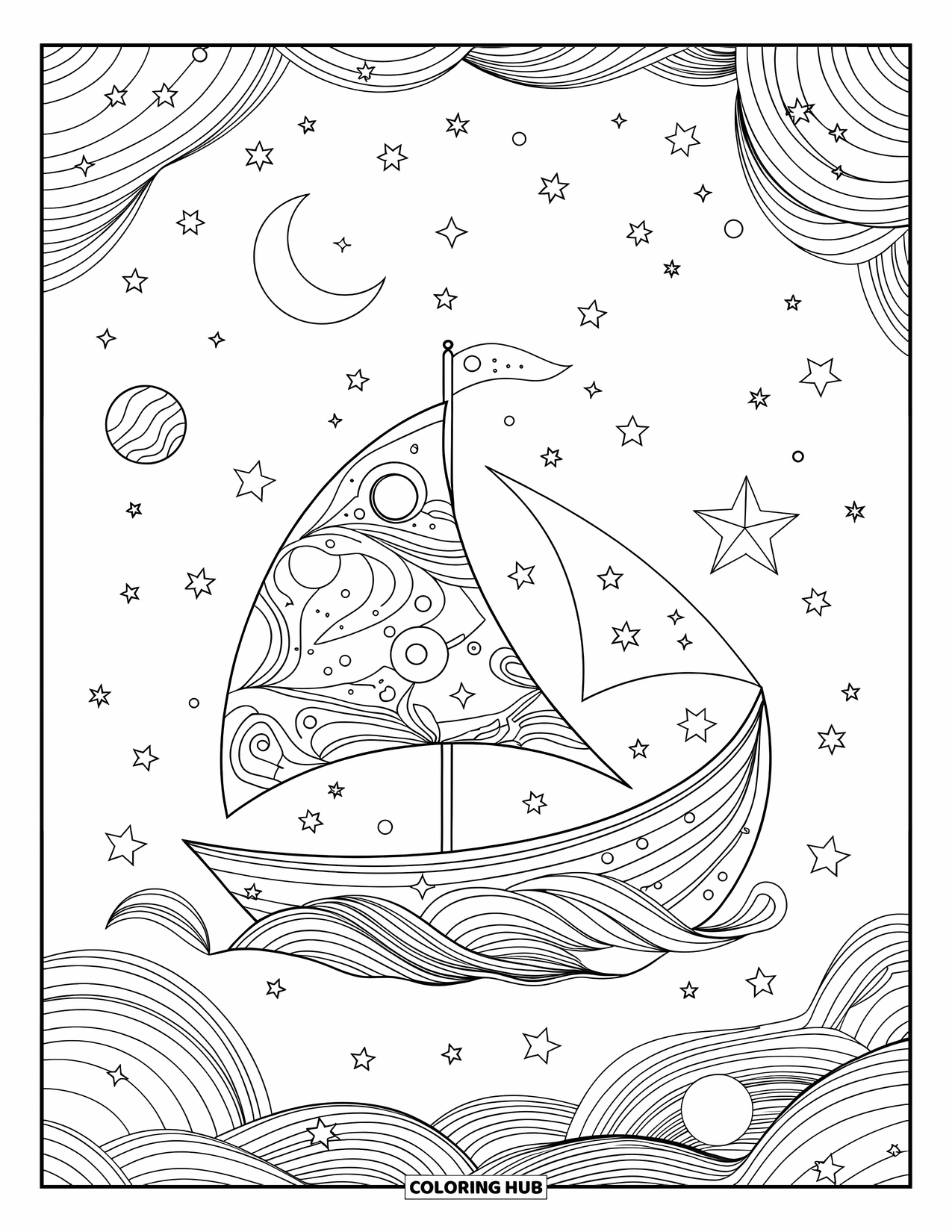 Boat Coloring Page for Adults: A mystical boat floats on starlit waters, guided by crescent moons and twinkling stars
