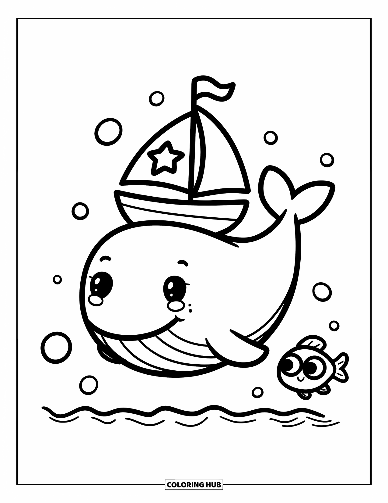 Boat Coloring Page for Adults: A round, cheerful whale lifts a tiny sailboat, creating gentle waves as it floats through the sea
