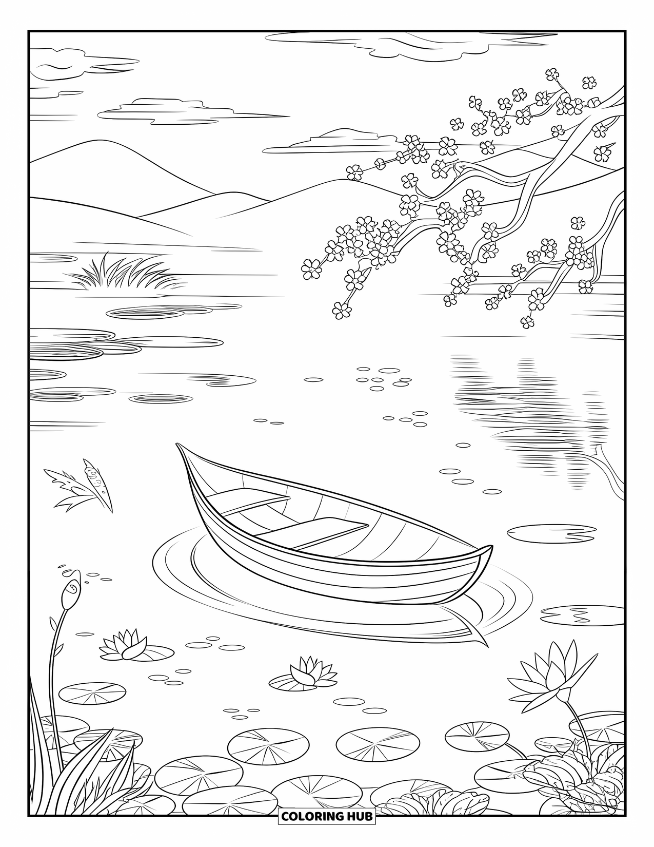 Boat Coloring Page for Adults: A serene pond with koi fish, a wooden boat, and a reflecting cherry blossom tree